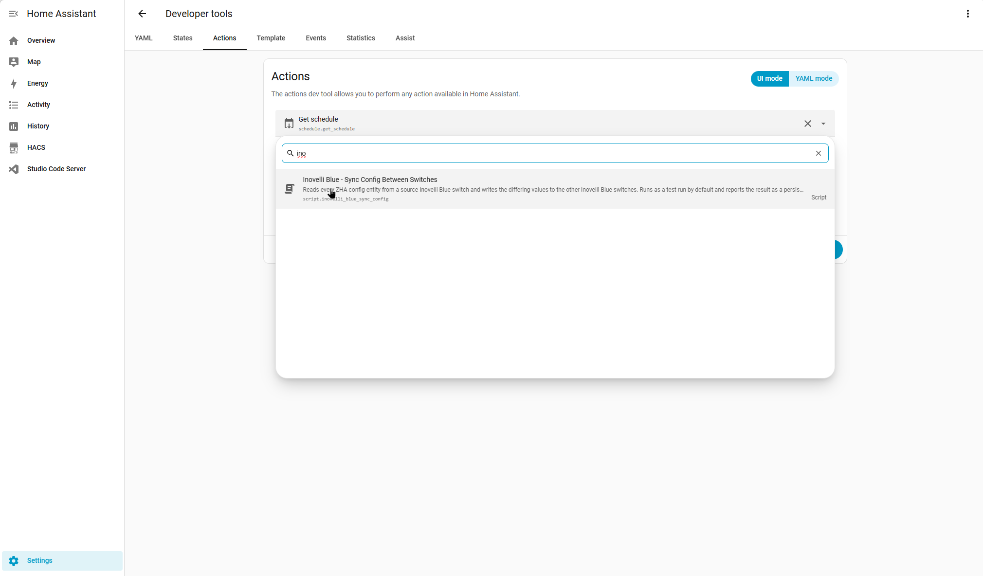 Typing ino into the action search and the Inovelli Blue sync action appearing as the only result